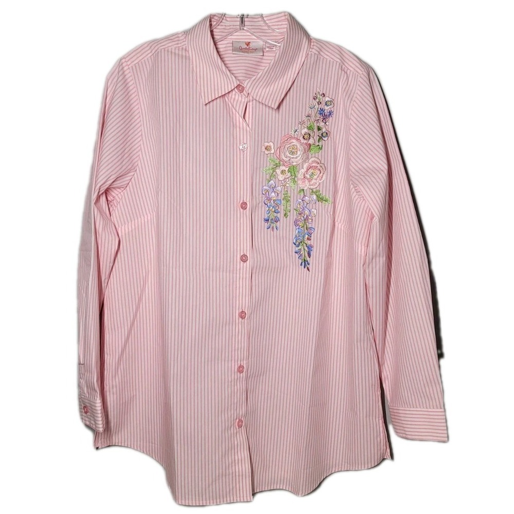 Quacker Factory Womens Size Medium Pink Embroidered Floral Long Sleeve Shirt